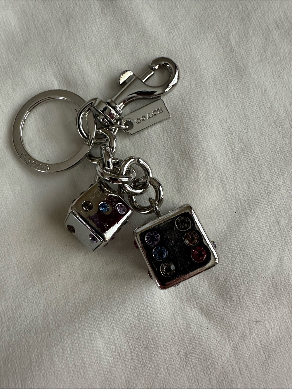 Coach Silver-tone Dice Charm Keychain with Multicolor Crystals